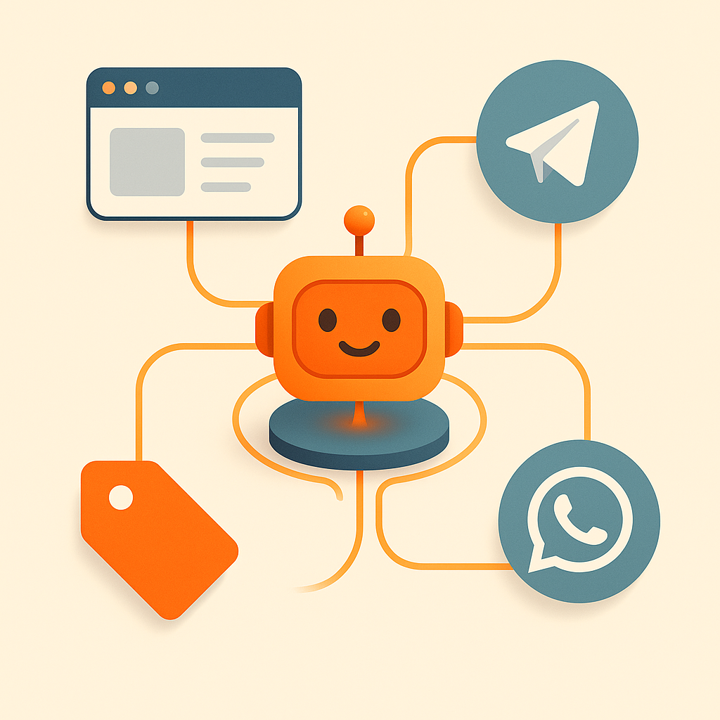ИИ-ассистент в центре, связан с сайтом, Telegram, WhatsApp и Avito